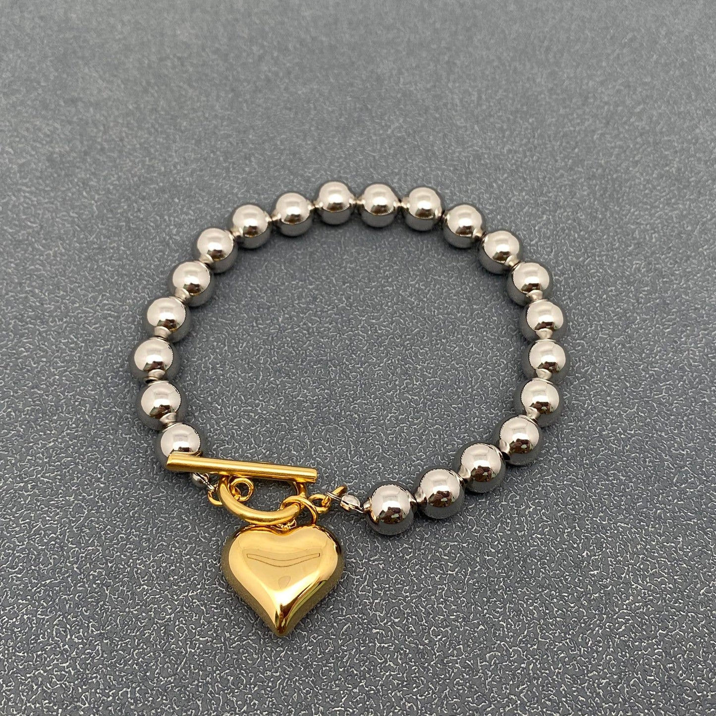 18K Gold Plated Heart Charm Steel Color Beaded Bracelet