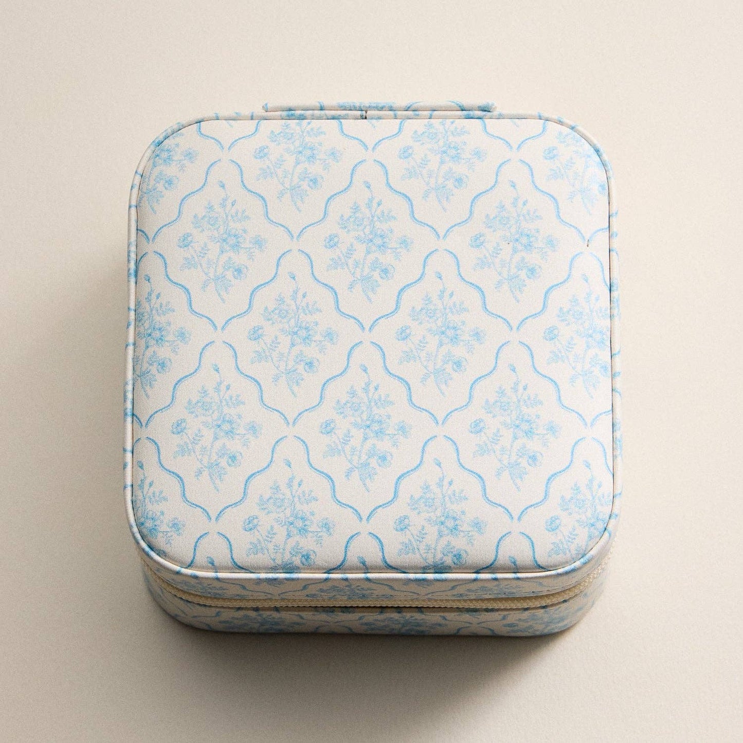 Light Blue Floral Travel Jewelry Case – Compact Jewelry Organizer with Mirror & Ring Slots