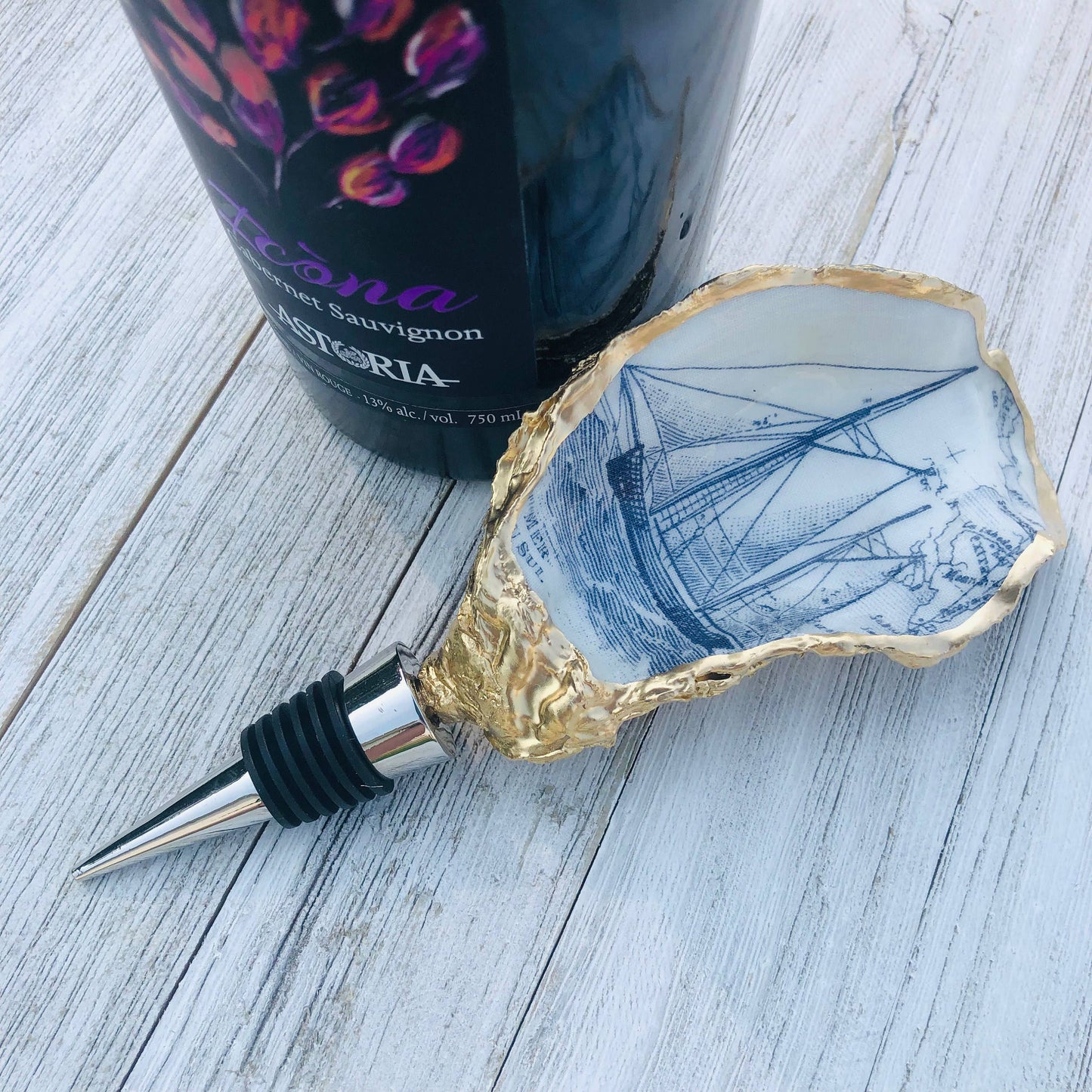 Oyster Shell Wine Stopper--Sailboat Print