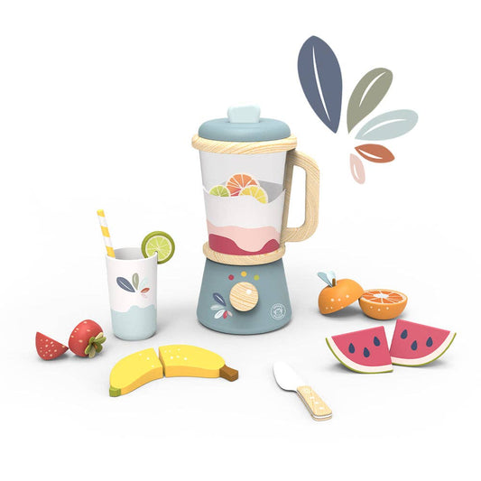 Children's toy blender set with fruits and a cup on a white background