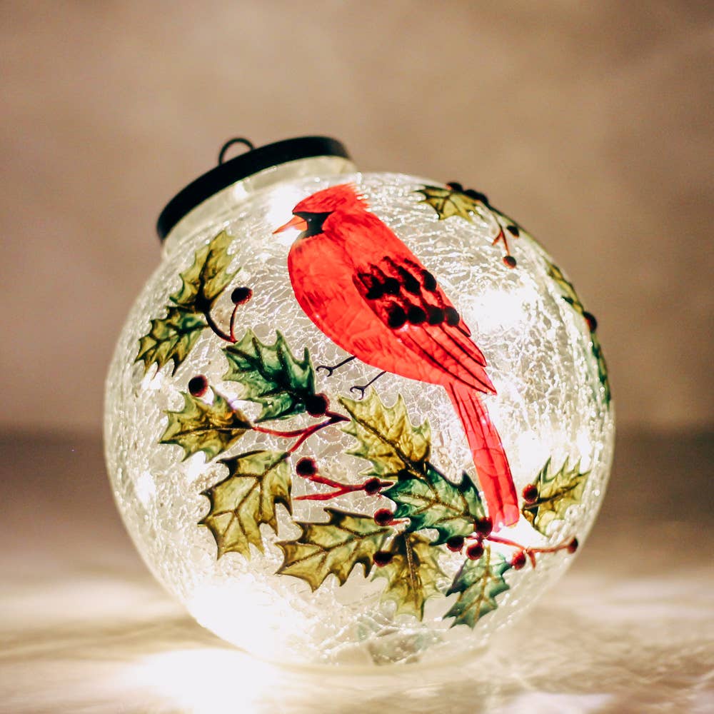 Cardinal Berry Ornament with LED String Lights — Christmas, Holiday Ornaments