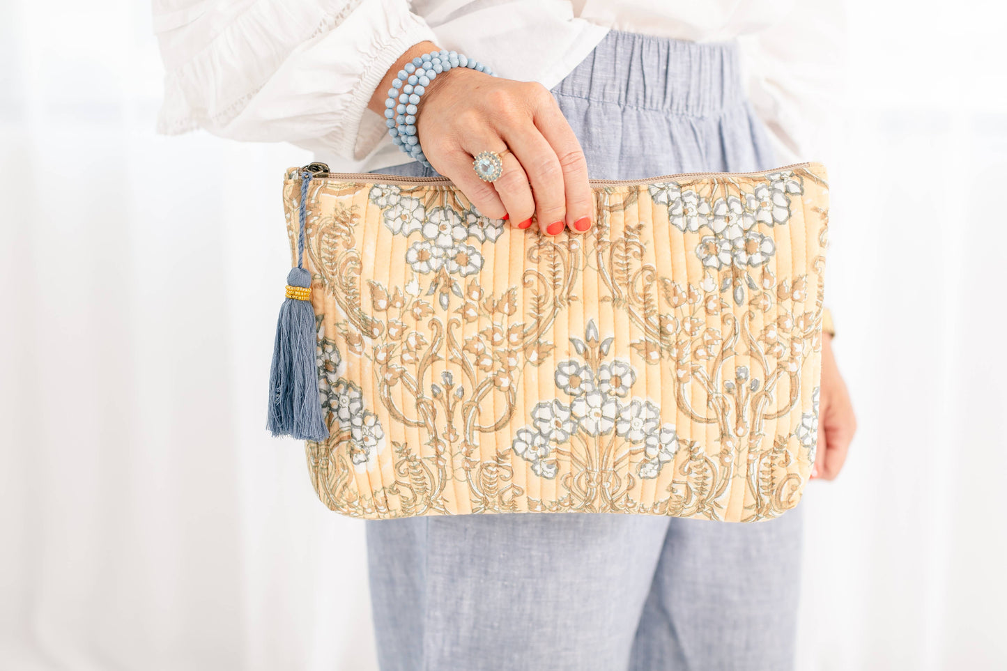 Quilted Block Print Summer Trellis Zipper Pouch