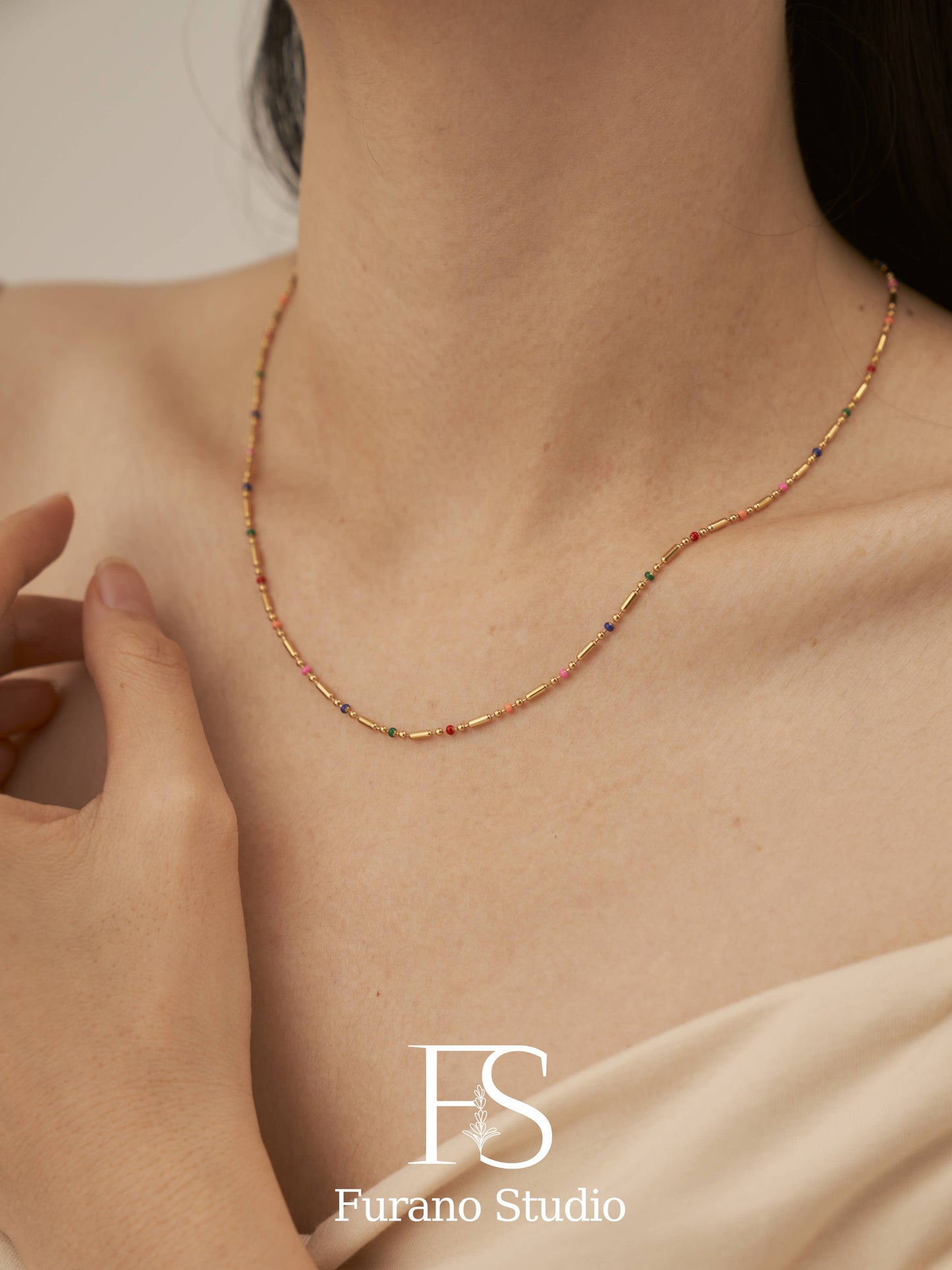 Gold Plated Rainbow Beaded Thin Necklace