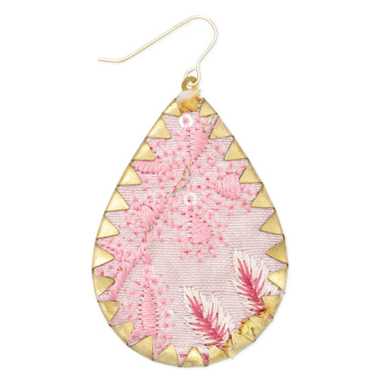 Pastel Pink Floral Embroidered Earrings