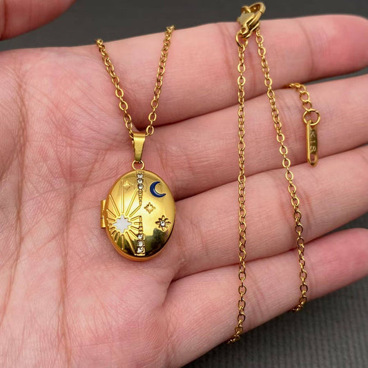 Star Moon locket charm 18K Golden S.Steel Necklace