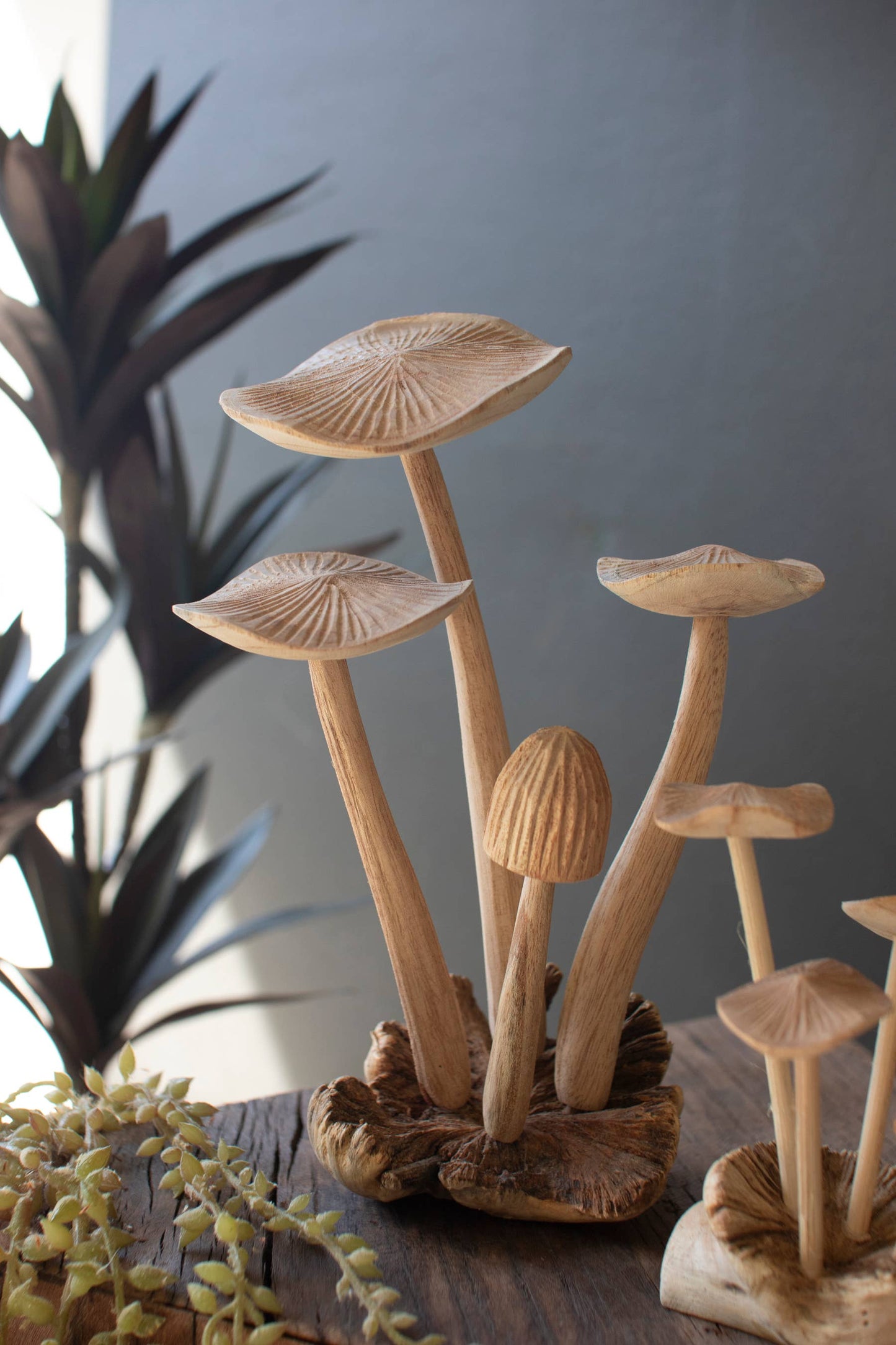 HAND-CARVED TEAK WOOD MUSHROOM CLUSTERS