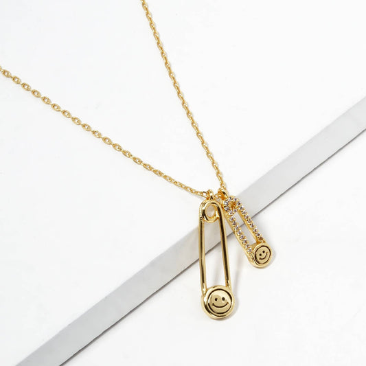 CZ pave smiley face safety pin necklace