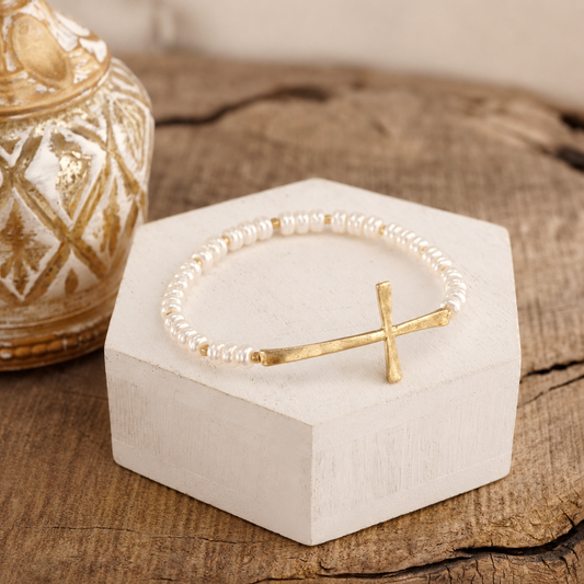 Beaded Cross Stretch Bracelet - Faithful Pearl