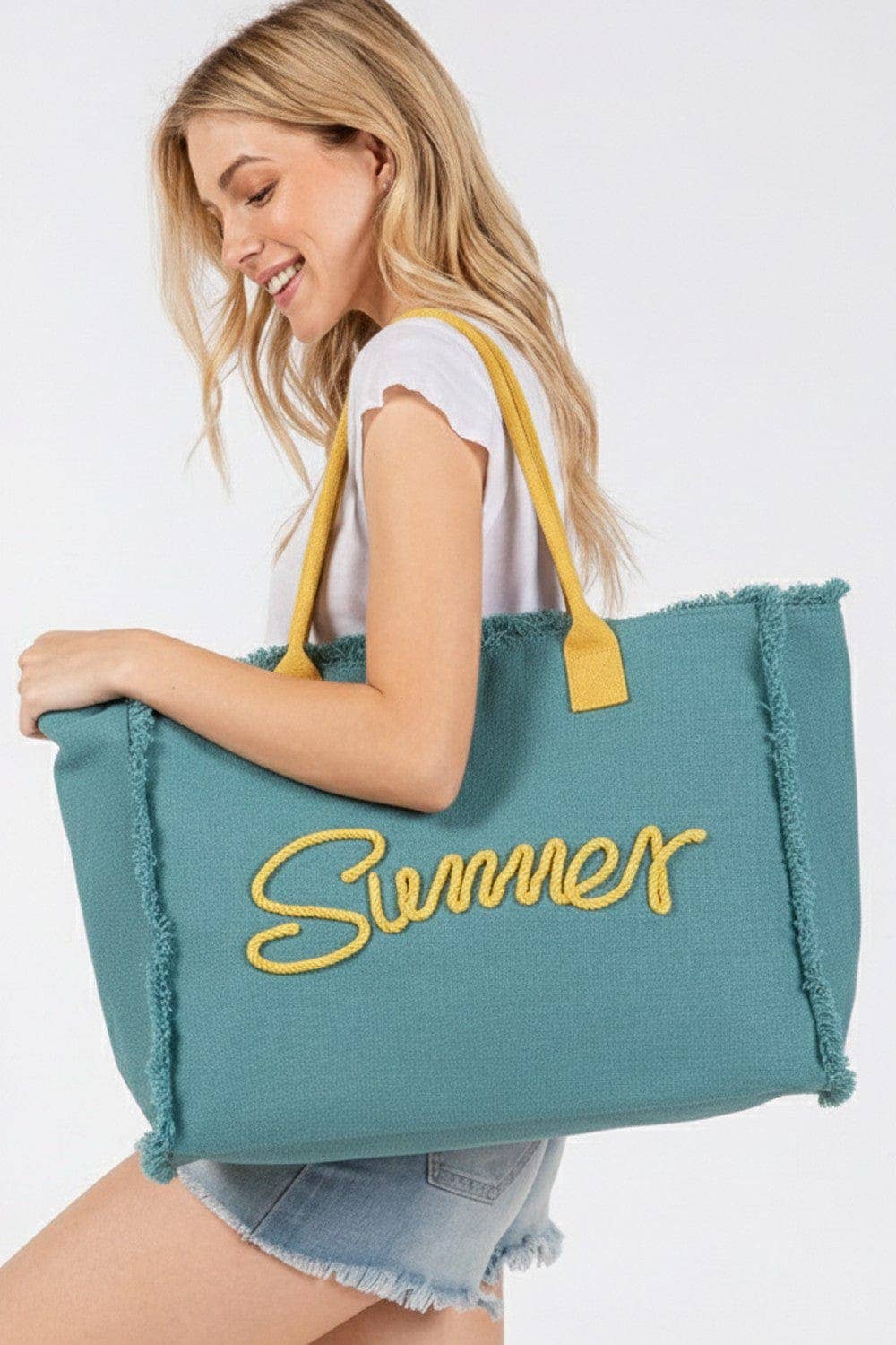 Sewn Rope Summer Letter Fringe Tote Bag