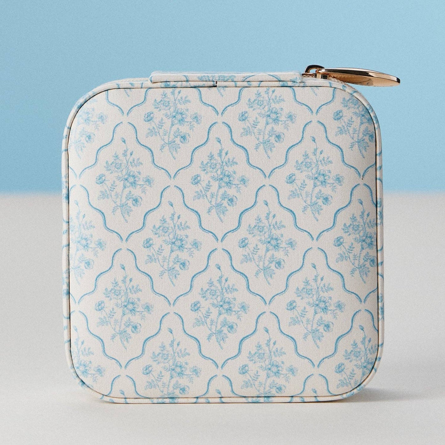Light Blue Floral Travel Jewelry Case – Compact Jewelry Organizer with Mirror & Ring Slots