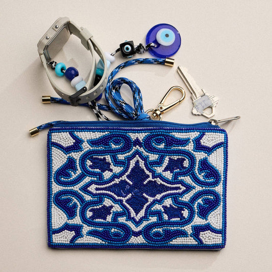 Blue Beaded Mosaic Zipper Pouch