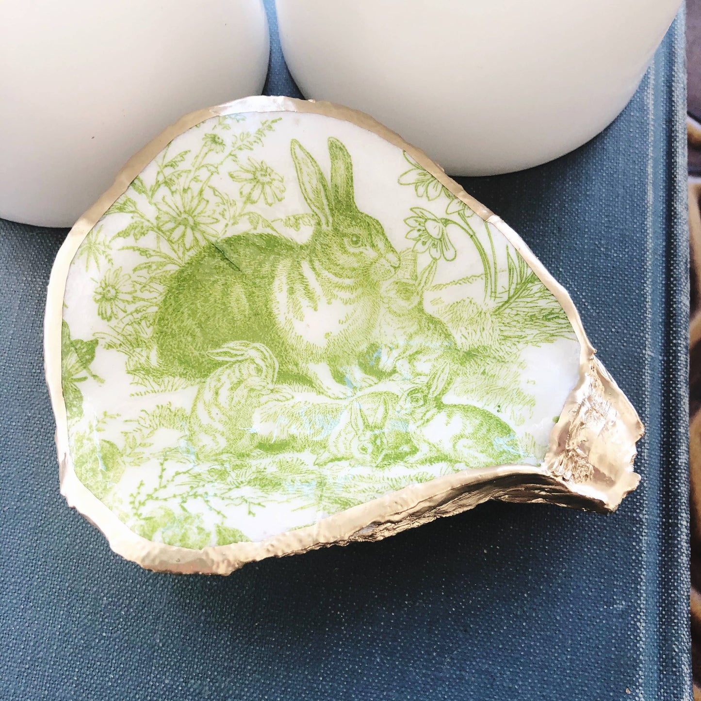 Decoupage Oyster Ring Dish--Bunny Toile