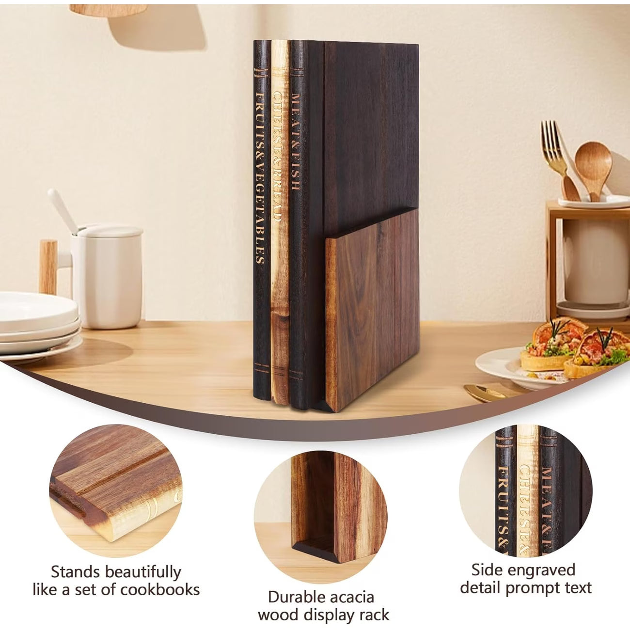 Three Piece Book Style Cutting Boards with Rack