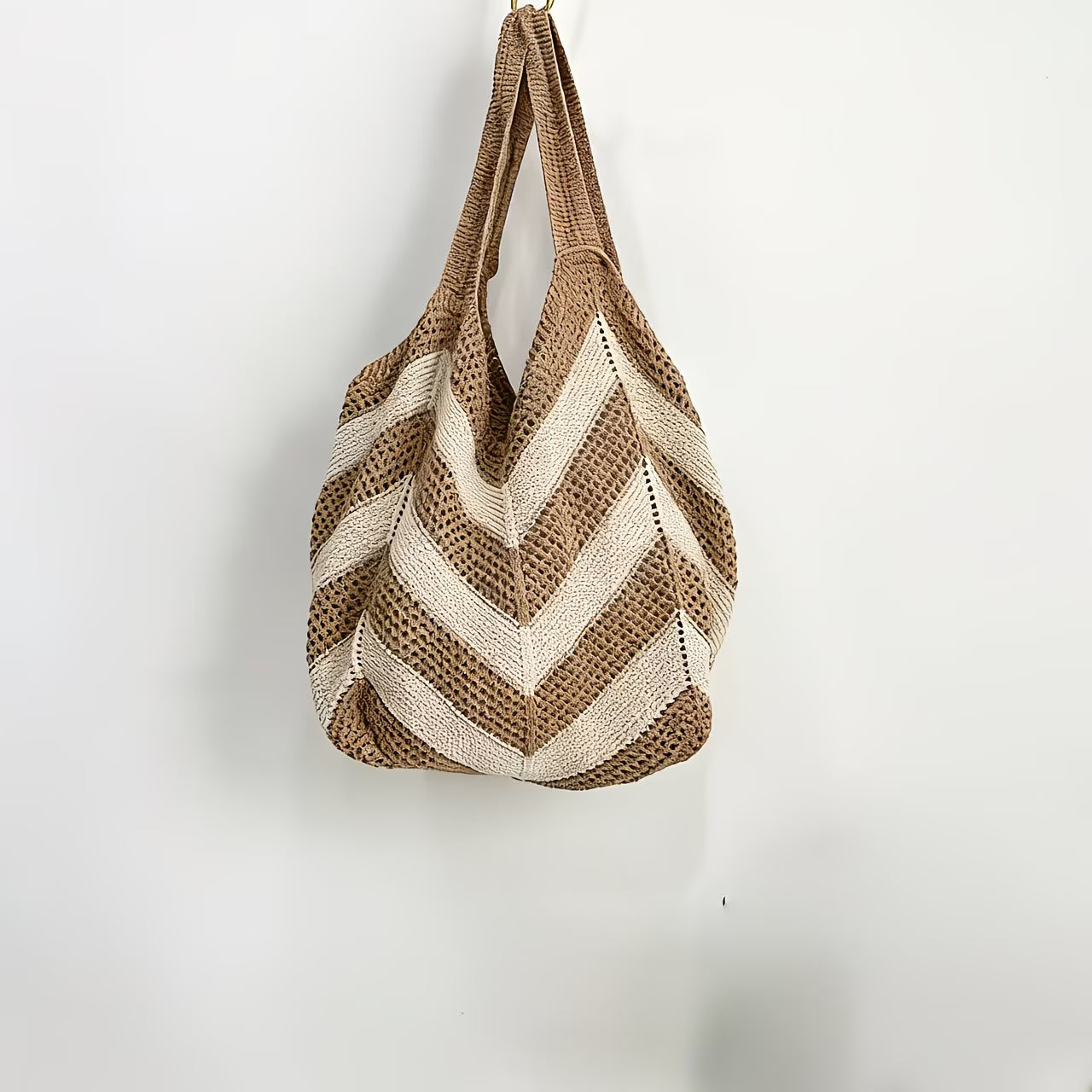 Knitted Tote Bag Crochet Shoulder Brown Herringbone Pattern