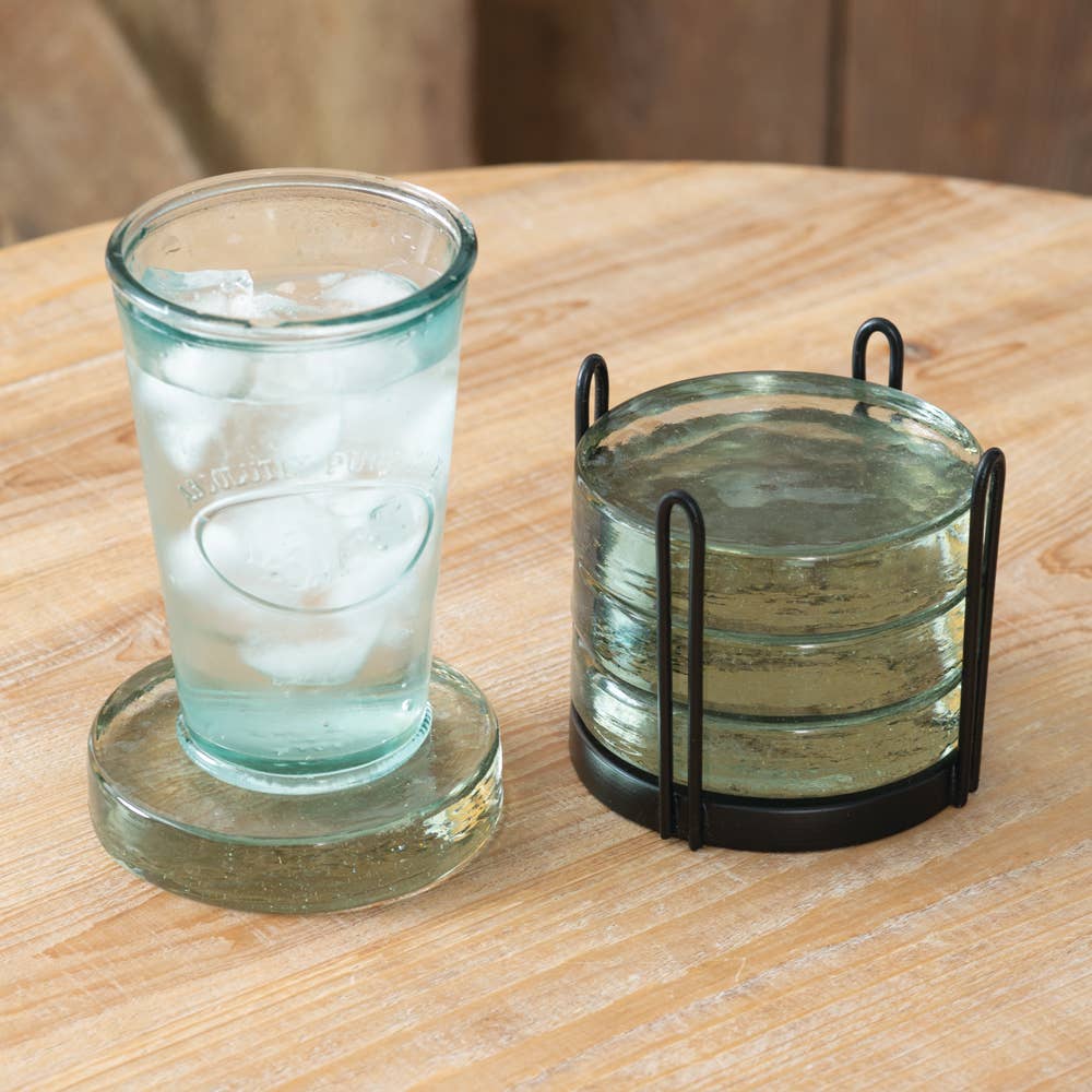Blocked Glass Coasters & Caddy