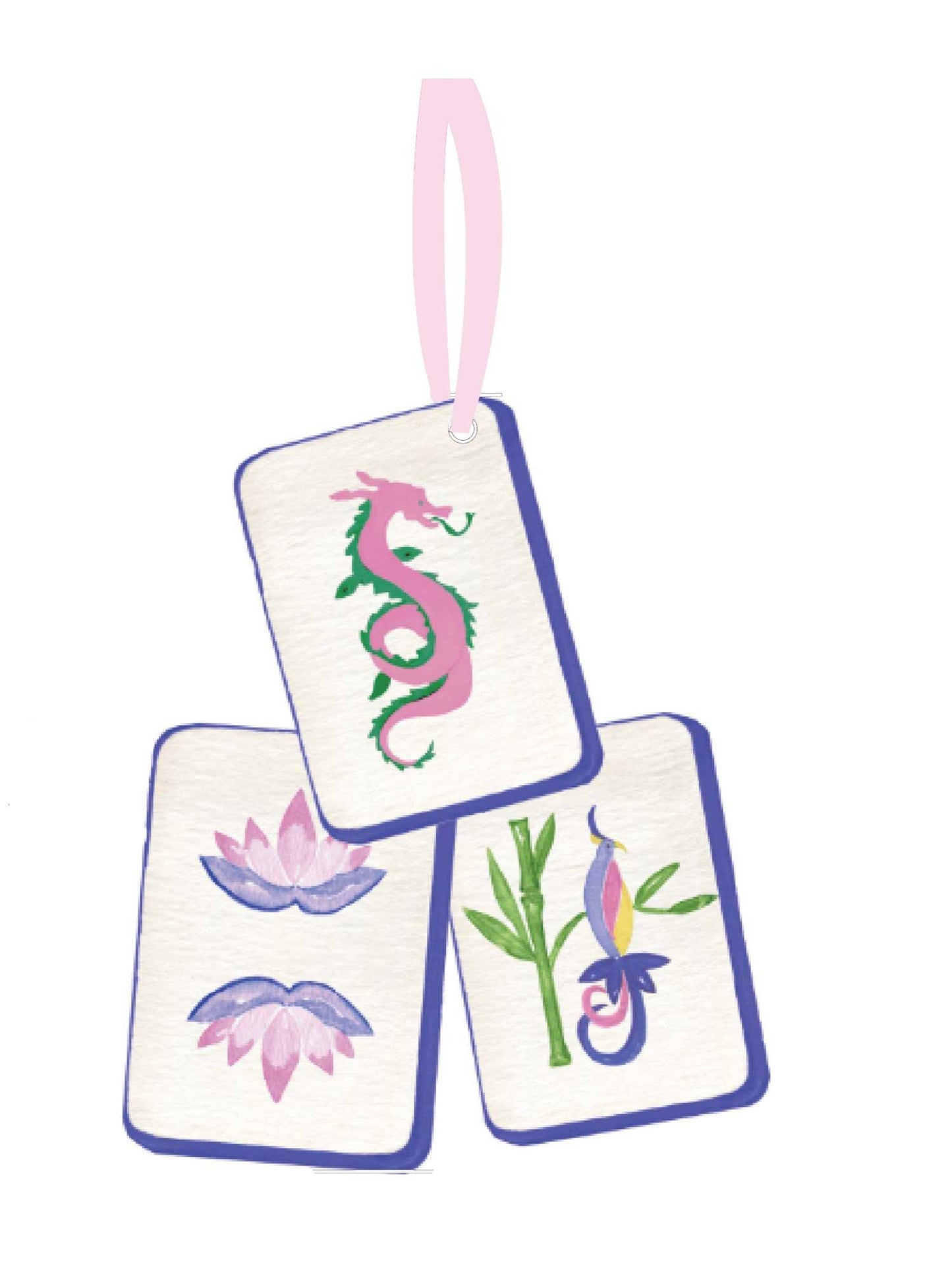 Three decorative cards with dragon, flower, and bamboo designs on a white background.