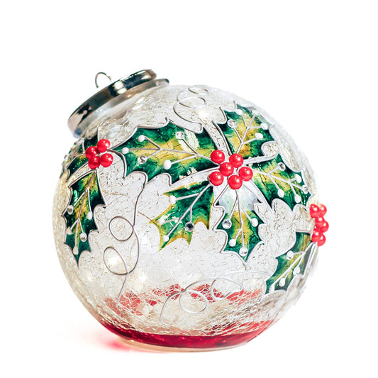 Holly Berry Glass Ornament with LED String Lights — Christmas, Holiday Ornaments
