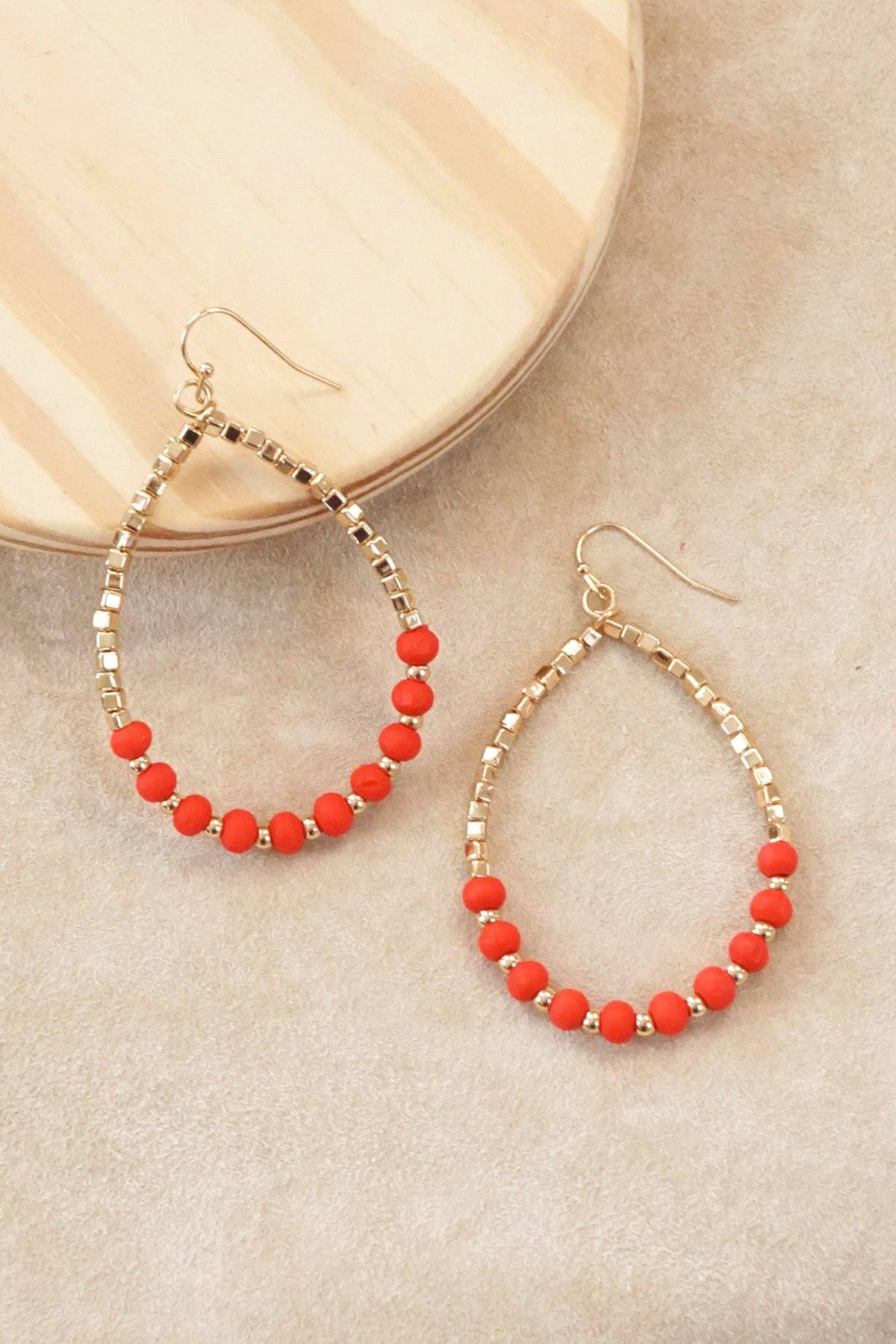 Wood Beads Teardrop Earrings Red