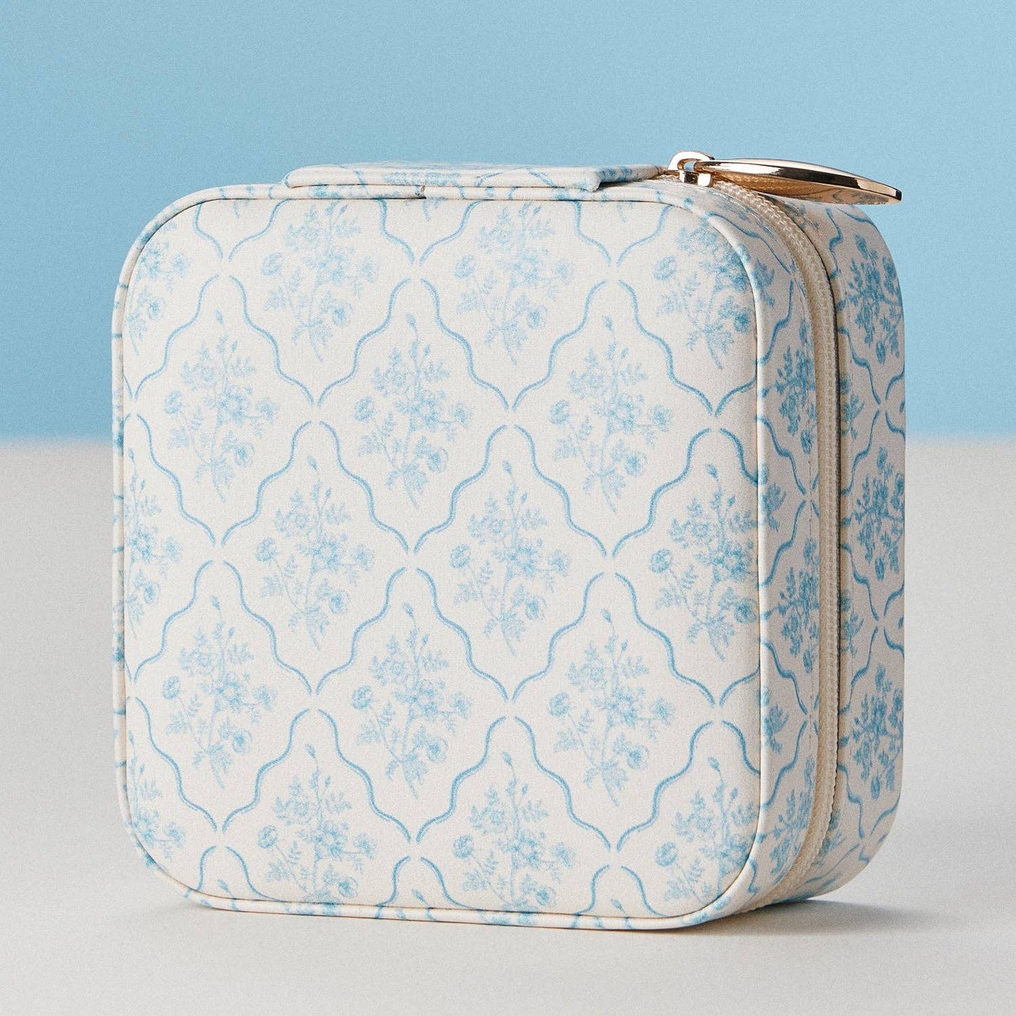 Light Blue Floral Travel Jewelry Case – Compact Jewelry Organizer with Mirror & Ring Slots