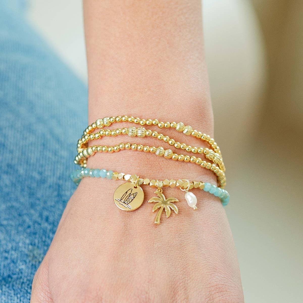 Surfboard and Palm Tree Stretch Charm Bracelet