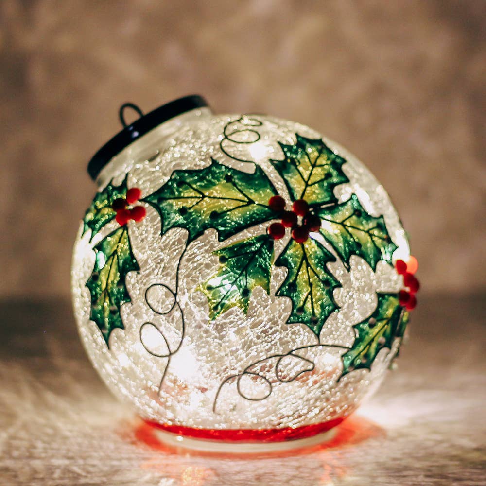 Holly Berry Glass Ornament with LED String Lights — Christmas, Holiday Ornaments