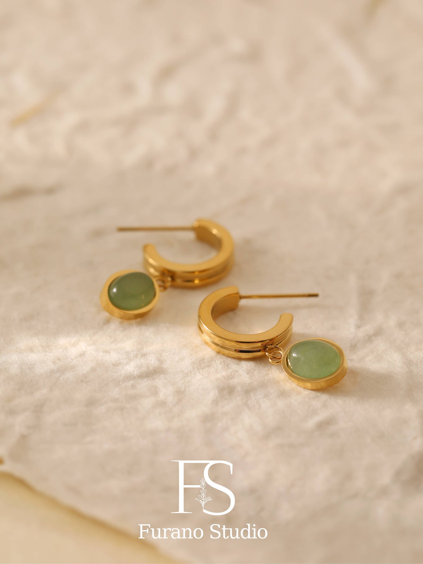 18k gold green oval Aventurine Hoop Earring