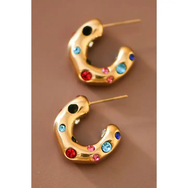 18k Gold Plated Waterproof Stainless Steel Hoop Earrings with Crystals