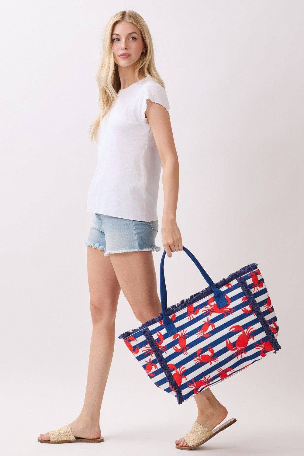 Crab Stripe Fringe Beach Tote Bag