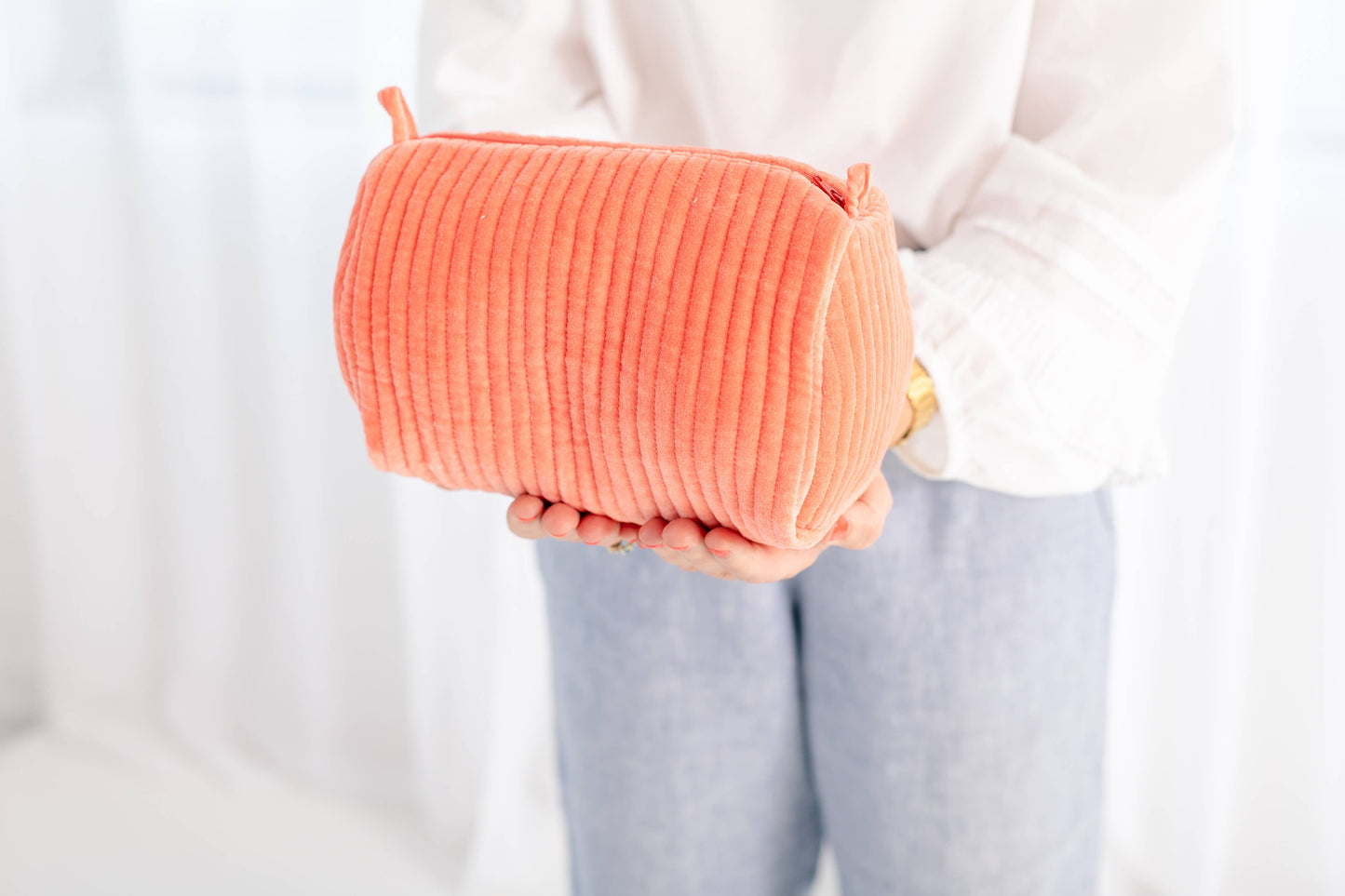 Velvet & Block Print Cosmetic Pouch-Coral