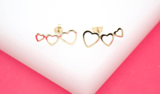 18K Gold Filled Triple Outlined Hearts Stud Earrings ~ Water Resistant