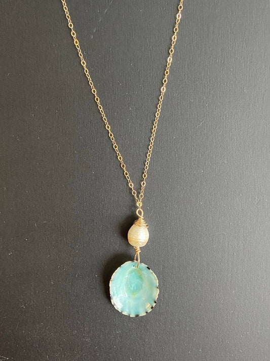 Locally made blue- green limpet shell necklace with pearl.  Made in Charleston