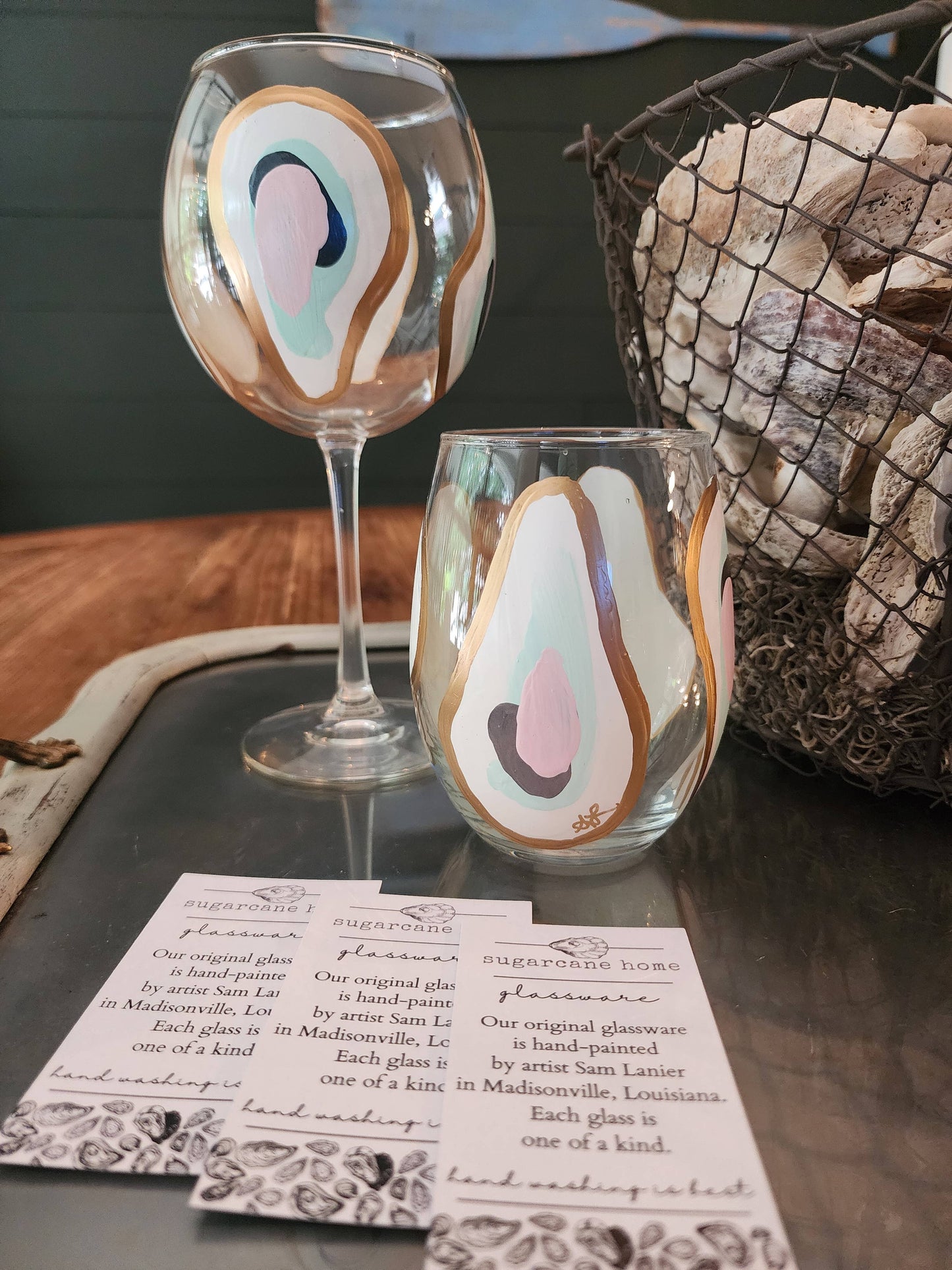 Hand Painted Oyster Wine Glass - Stemmed - Beach Sunset