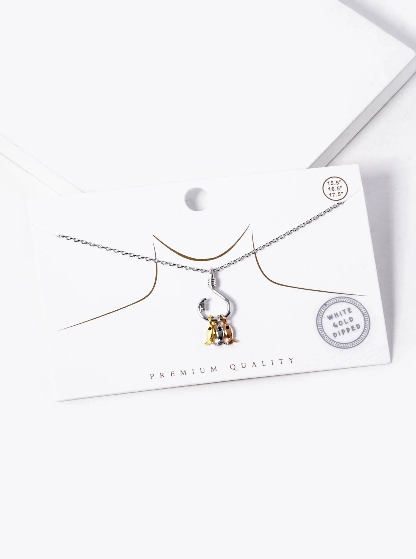 White Gold Dipped Three Fish With A Hook Pendant Necklace
