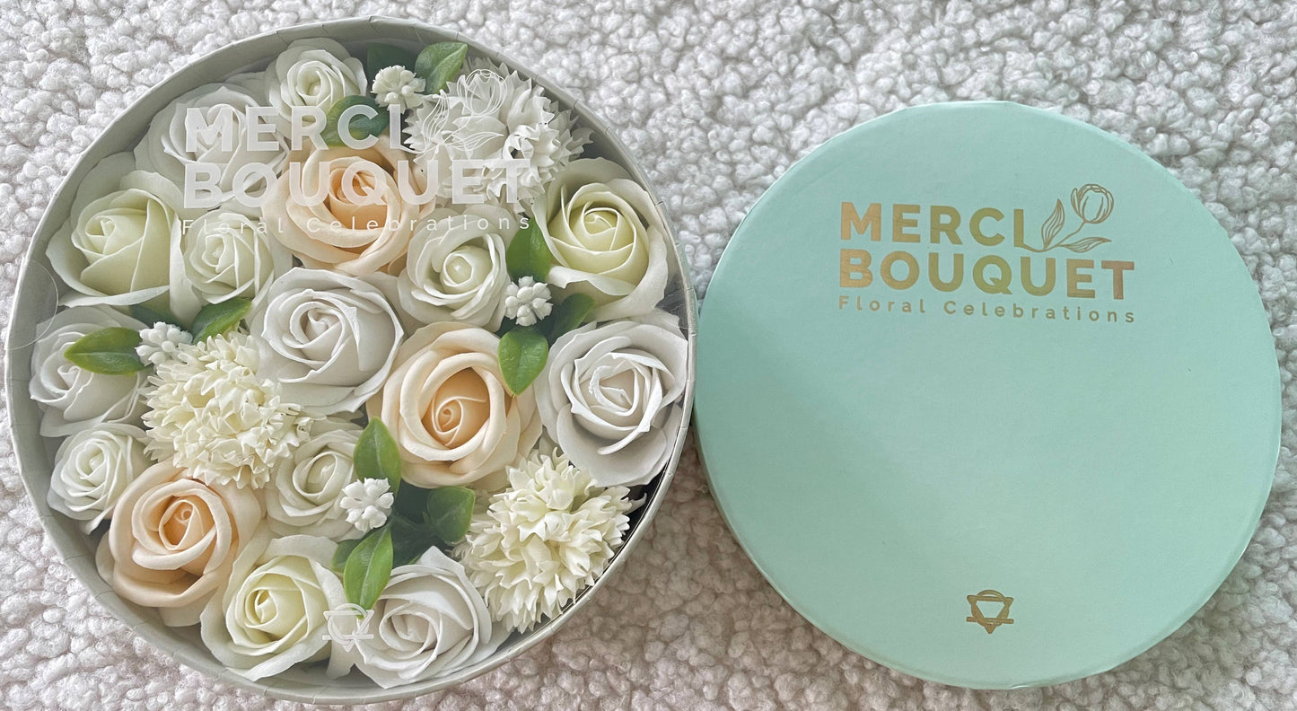 Round Box Soap Flowers - White & Ivory