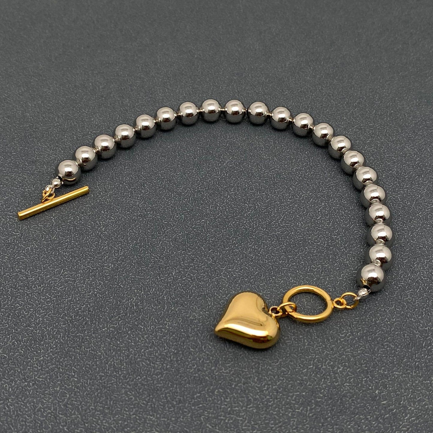 18K Gold Plated Heart Charm Steel Color Beaded Bracelet