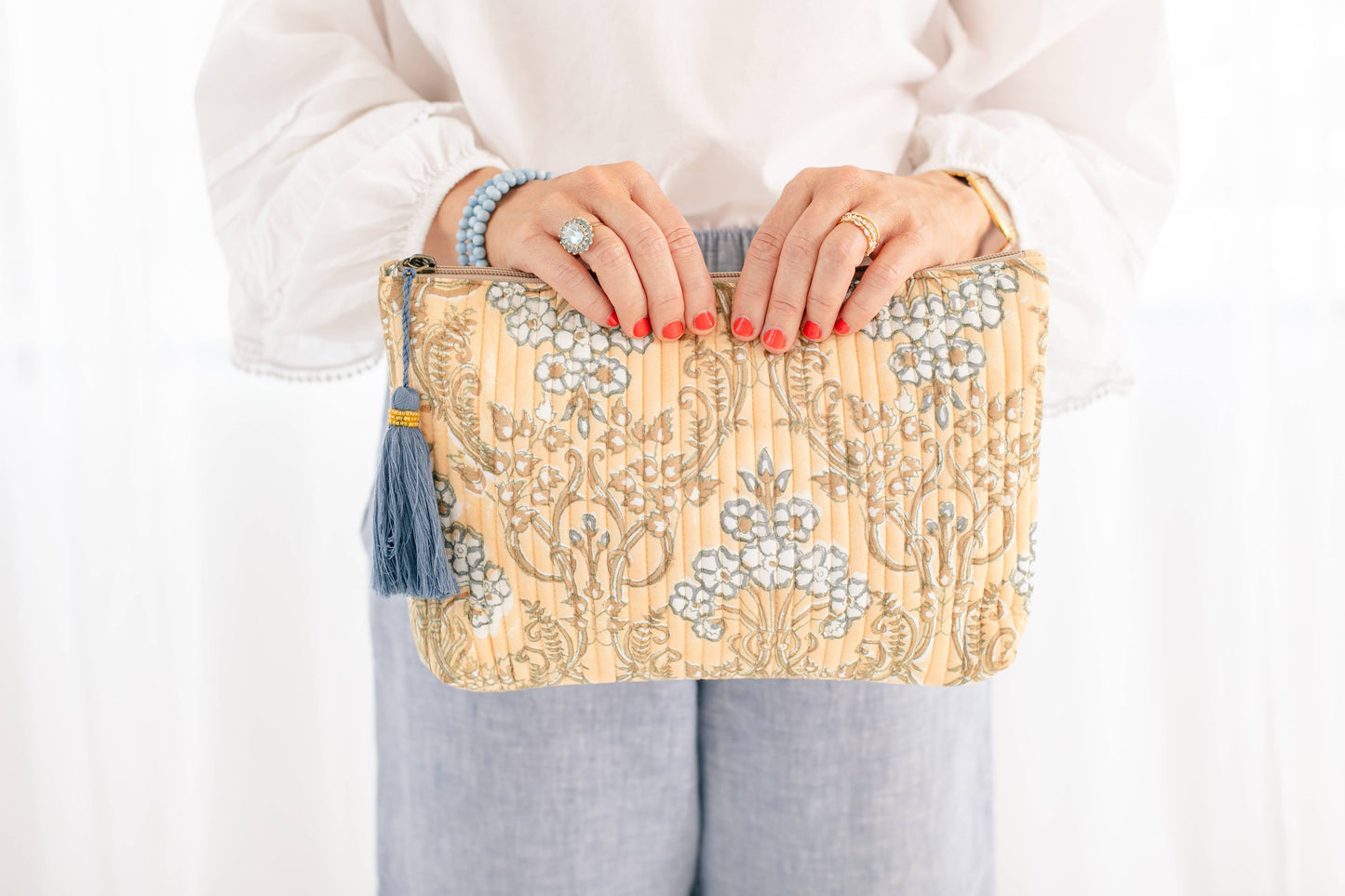 Quilted Block Print Summer Trellis Zipper Pouch