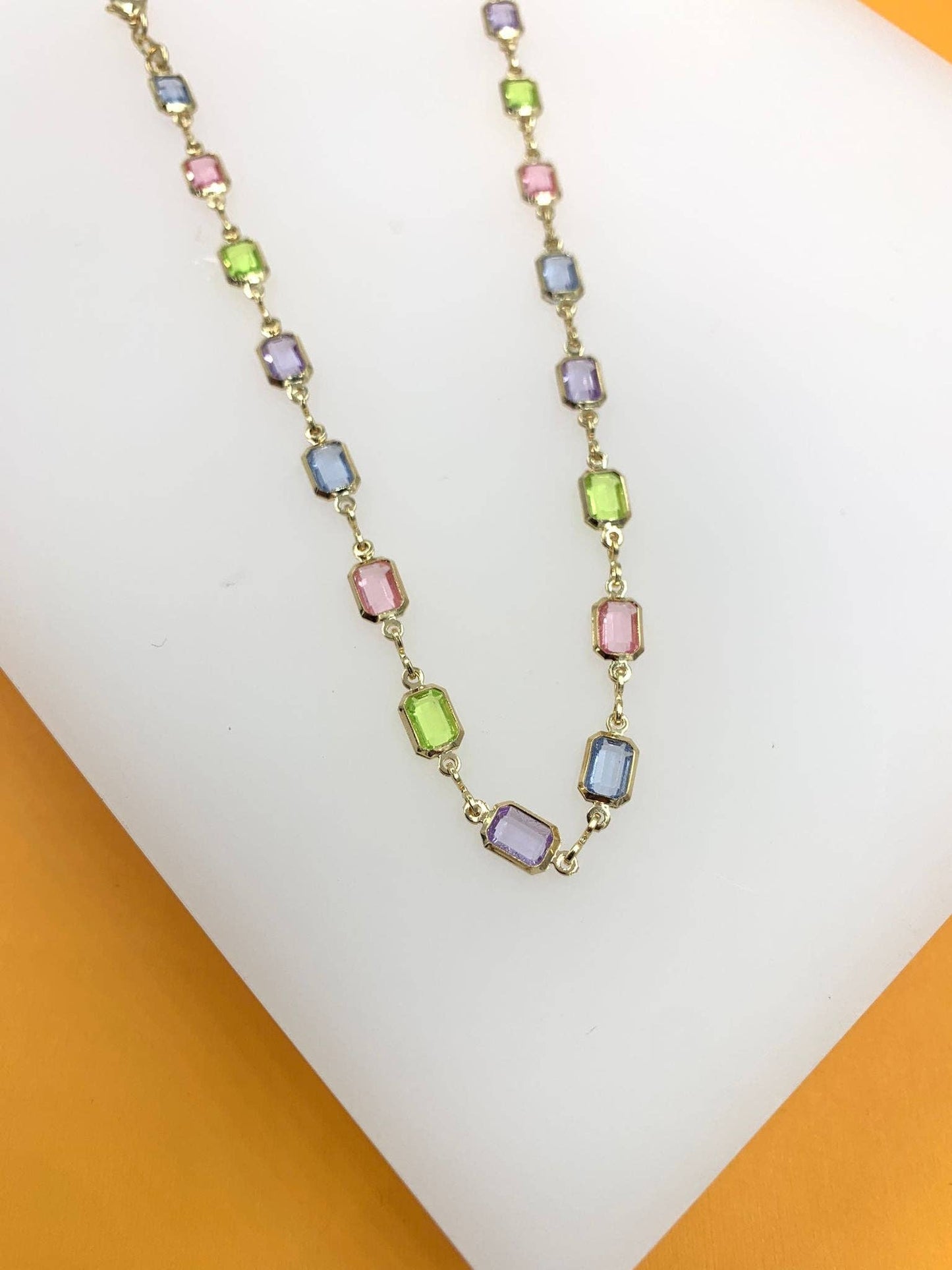 18K Gold Filled Rectangle Multicolor Stone Link Necklace ~ Water Resistant