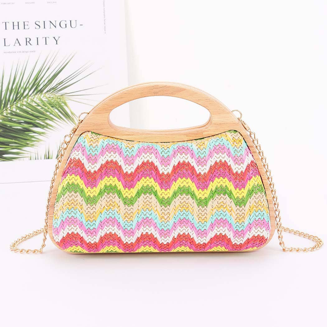 Faux Straw Wood Frame Handle Bag