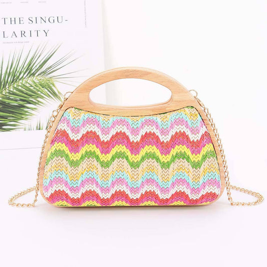 Faux Straw Wood Frame Handle Bag