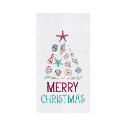 Merry Christmas Tree Coastal Seashells Kitchen Towel