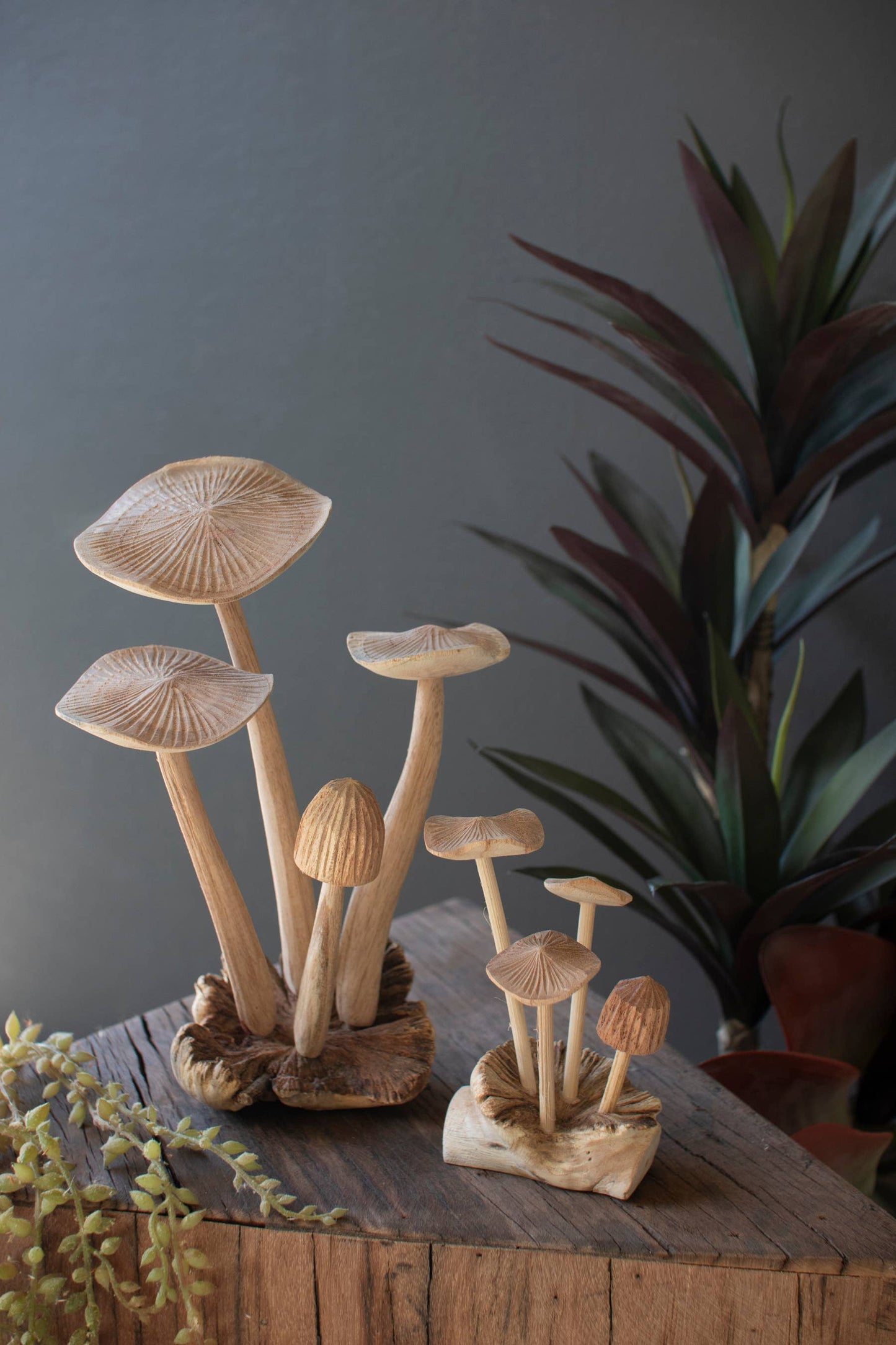 HAND-CARVED TEAK WOOD MUSHROOM CLUSTERS