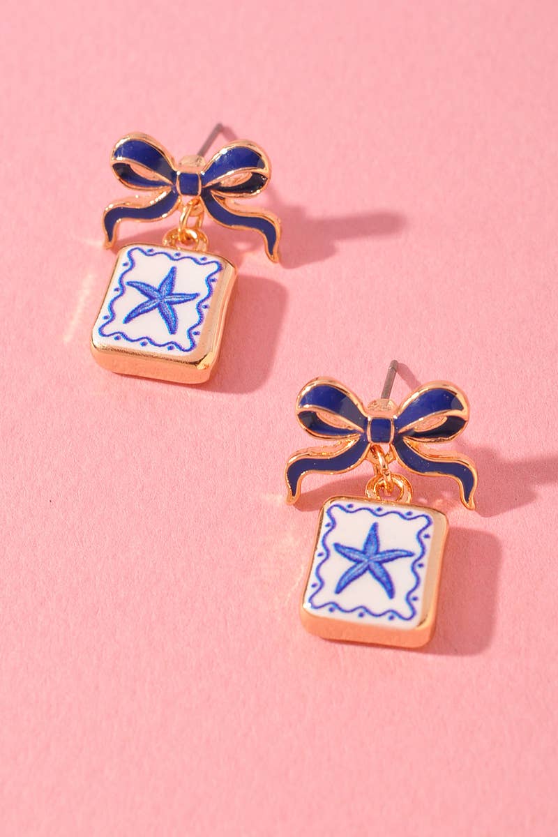 BOW SHAPED ENAMEL POST W/ SARDINE STARFISH PALM TREE EARRING