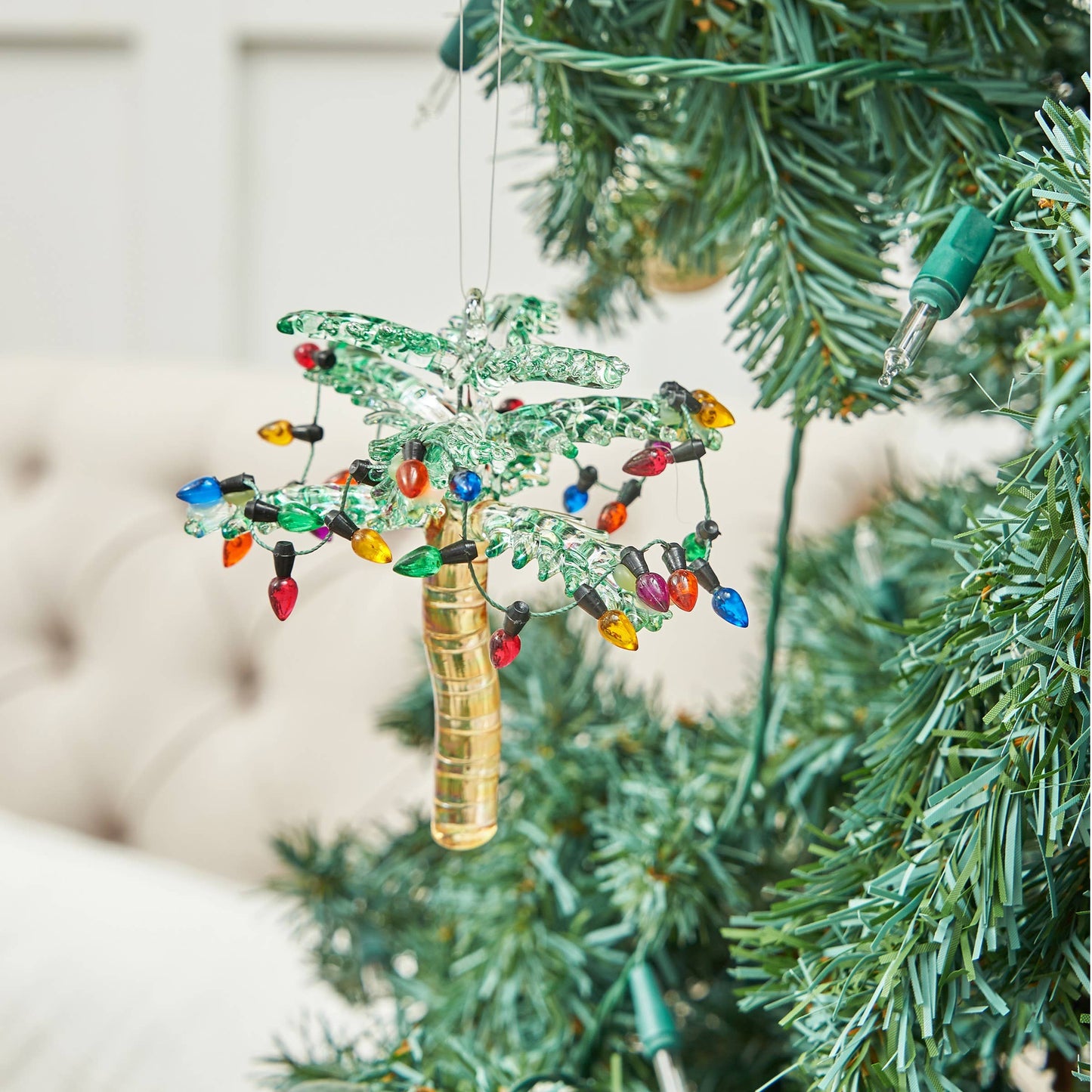 Christmas Palm Tree With Lights Glass Ornament