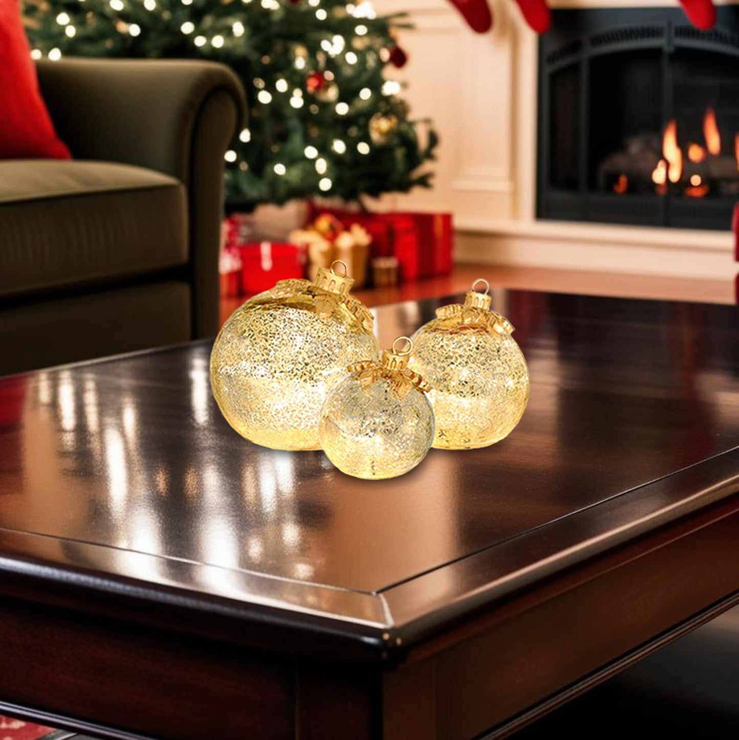Battery-Operated Gold Glass Tabletop Christmas Ornaments
