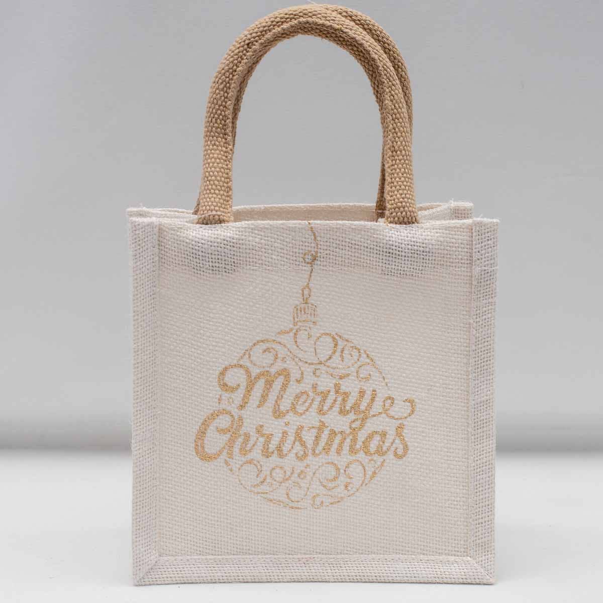 Merry Ornament Script Petite Gift Tote   White/Gold  7x7x5