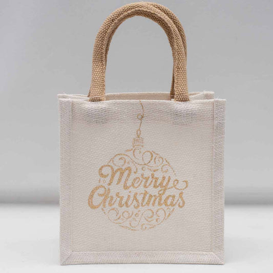 Merry Ornament Script Petite Gift Tote   White/Gold  7x7x5