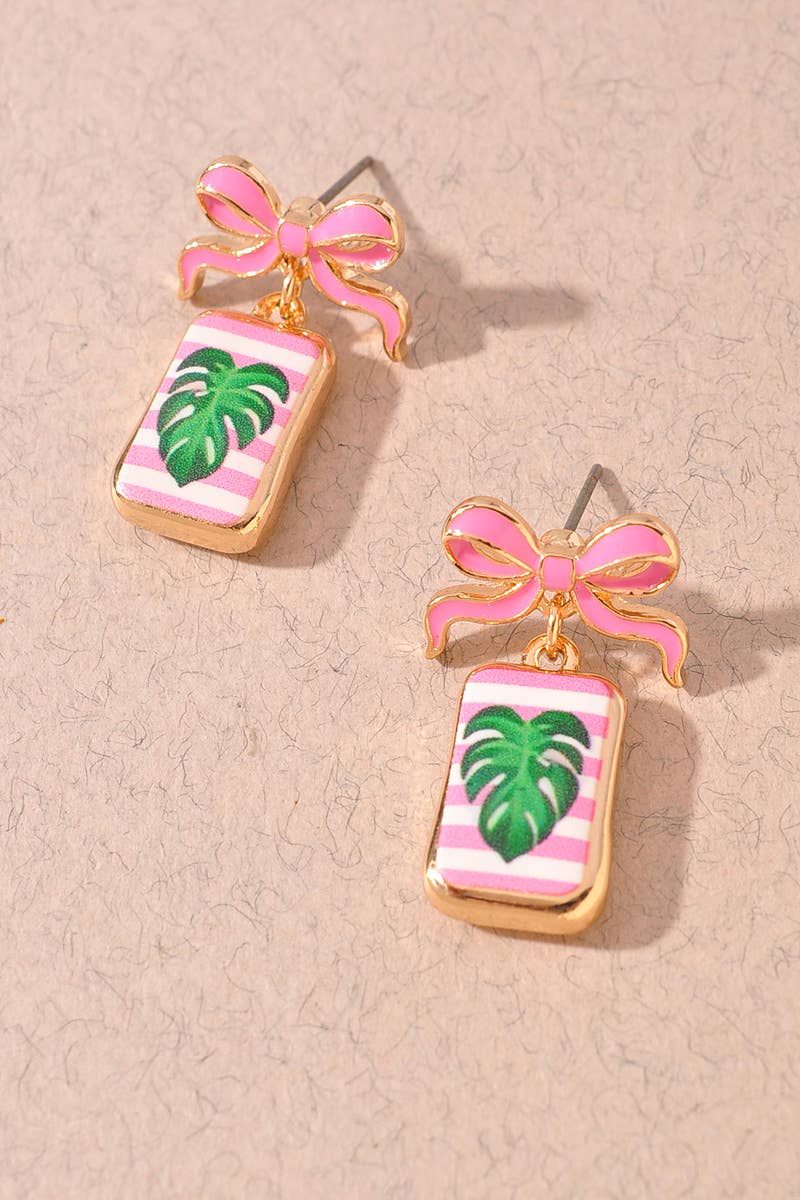 BOW SHAPED ENAMEL POST W/ MONSTERA PRINTED PARTY EARRINGS