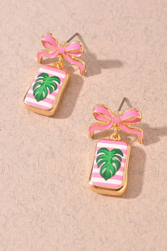 BOW SHAPED ENAMEL POST W/ MONSTERA PRINTED PARTY EARRINGS