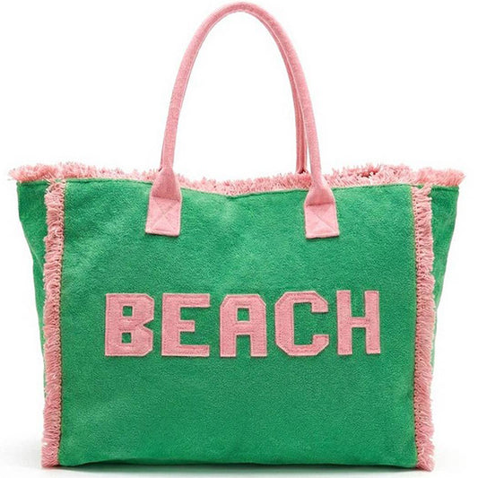 Embroidered Beach Letter Terry Cloth Frayed Tote Bag