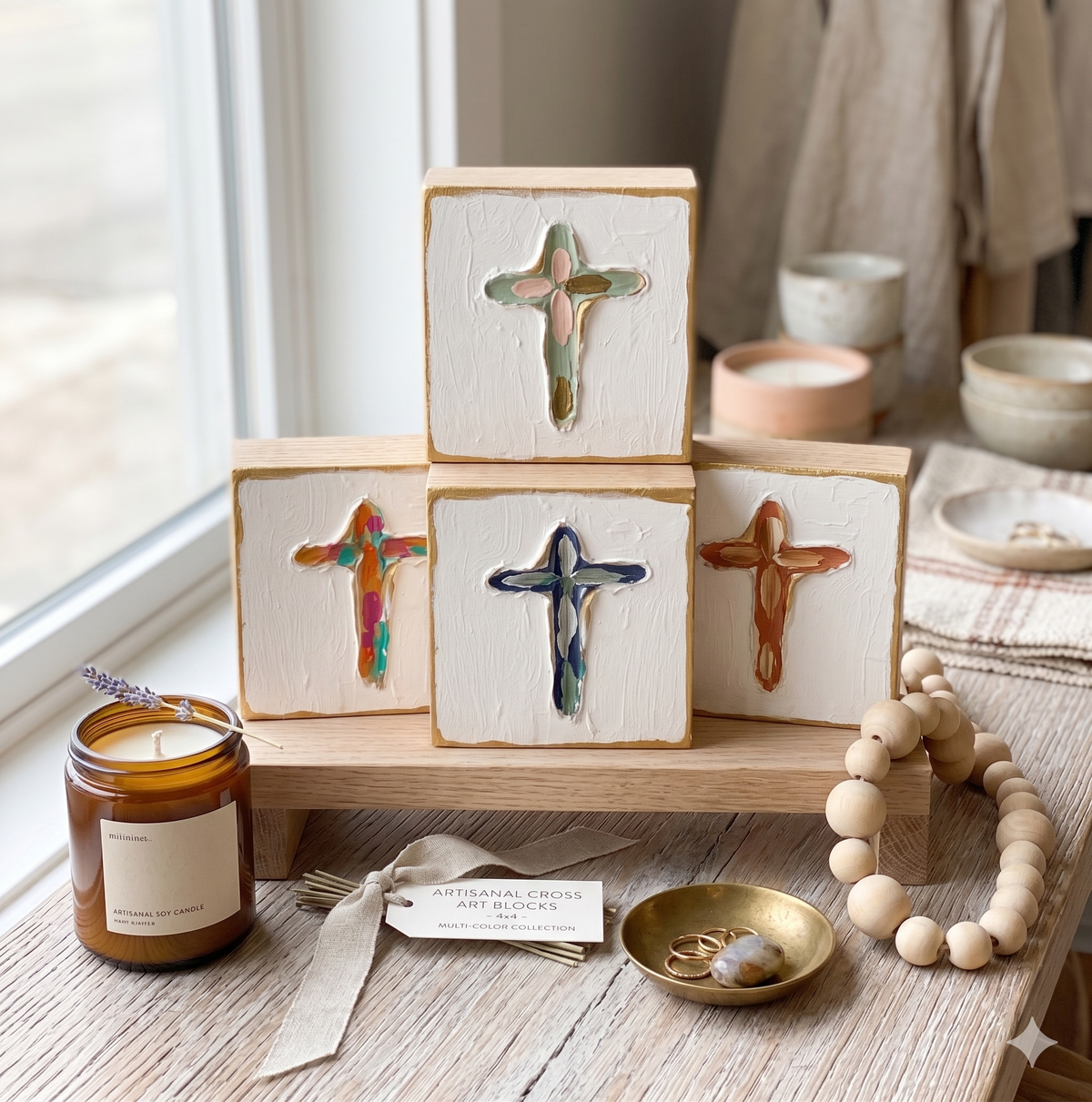 Hand-Painted 4x4 Textured Wood Cross Art Block